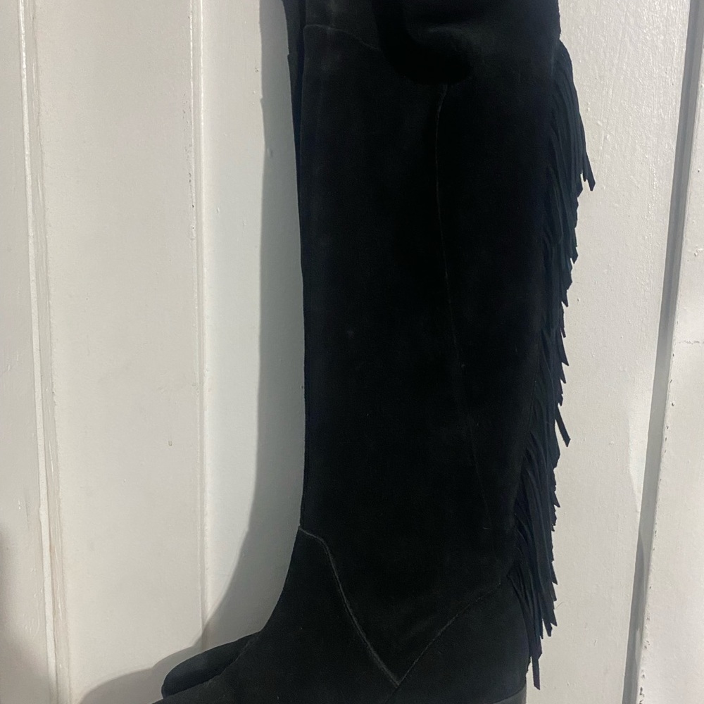 Black Suede Fringe Knee-High Boots